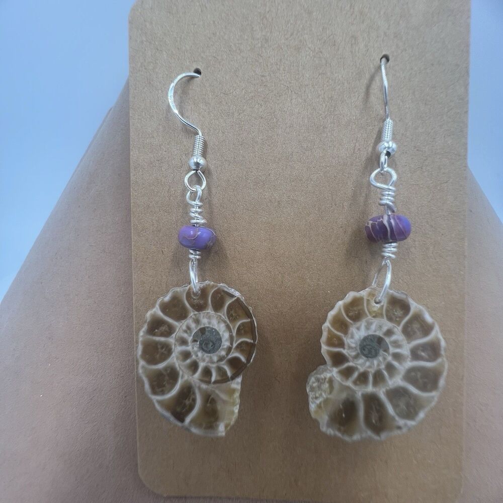 Natural Ammonite Fossil Gesmtone Sterling Silver Earrings Handmade With Opal - Picture 2 of 8